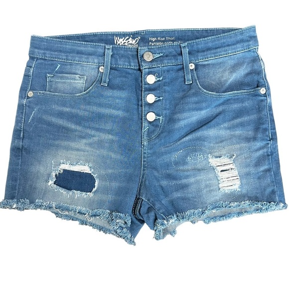 MOSSIMO BUTTON FLY JEAN SHORTS POWER STRETCH WOMENS SIZE 6 DISTRESSED HIGH RISE - Picture 1 of 8